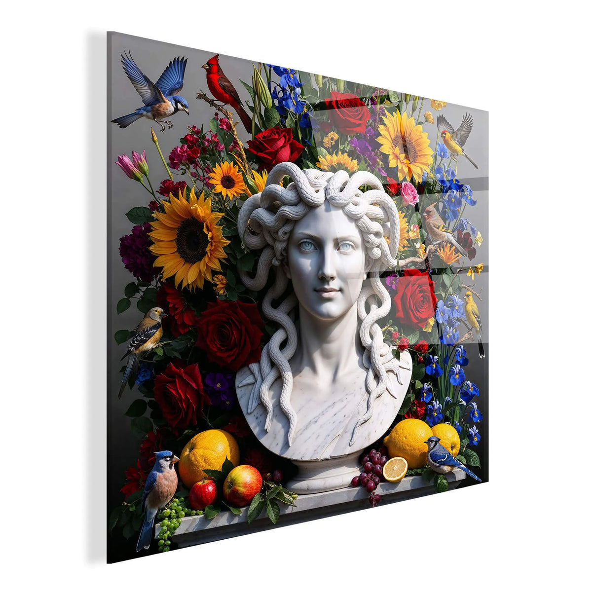 Detailaufnahme des modernen Acrylbilds Stillleben Mit Medusa, hochwertige Verarbeitung in italienischem Design, ideal für Wohnzimmer und kreative Arbeitsplätze.