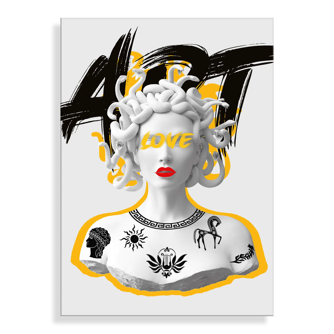 Stilisierte Medusa Acrylbild in Gelborange – Ein modernes Kunstwerk auf Methacrylat, das Licht und Farbe in jeden Raum bringt. Exklusives italienisches Design, ideal für Wohnzimmer und Büros.