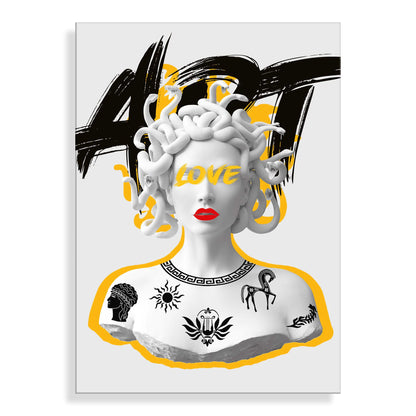 Stilisierte Medusa Acrylbild in Gelborange – Ein modernes Kunstwerk auf Methacrylat, das Licht und Farbe in jeden Raum bringt. Exklusives italienisches Design, ideal für Wohnzimmer und Büros.