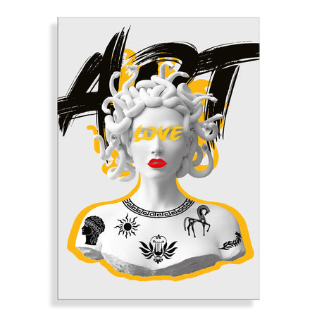 Stilisierte Medusa Acrylbild in Gelborange – Ein modernes Kunstwerk auf Methacrylat, das Licht und Farbe in jeden Raum bringt. Exklusives italienisches Design, ideal für Wohnzimmer und Büros.
