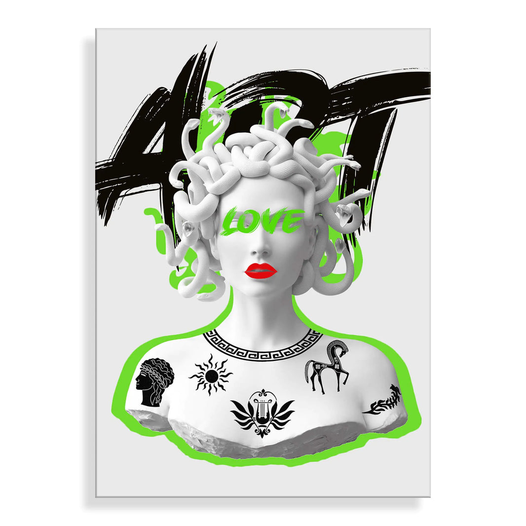 Stilisiertes Acrylbild Medusa in Grün – Modernes Design auf Methacrylat-Panel, das die lebhafte grüne Farbpalette und das elegante, polierte Finish zeigt, ideal für jede stilvolle Einrichtung.