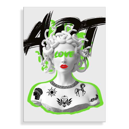Stilisiertes Acrylbild Medusa in Grün – Modernes Design auf Methacrylat-Panel, das die lebhafte grüne Farbpalette und das elegante, polierte Finish zeigt, ideal für jede stilvolle Einrichtung.