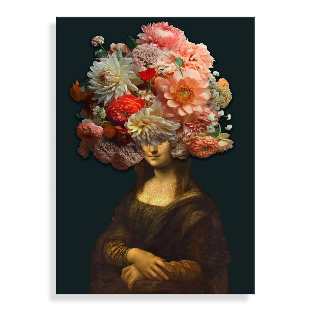 Mona Lisa Acrylgemälde Mit Blumenkranz - Moderner Quadrodruck auf glänzendem Methacrylat-Panel, lebendige Blumenarrangements auf dem Kopf der Mona Lisa.