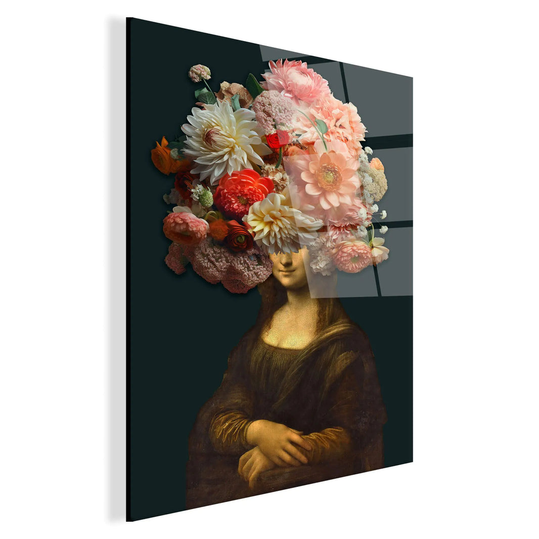Mona Lisa Acrylgemälde Mit Blumenkranz - Moderner Quadrodruck auf glänzendem Methacrylat-Panel, innovative Wanddekoration mit glänzendem Finish und floralen Elementen.
