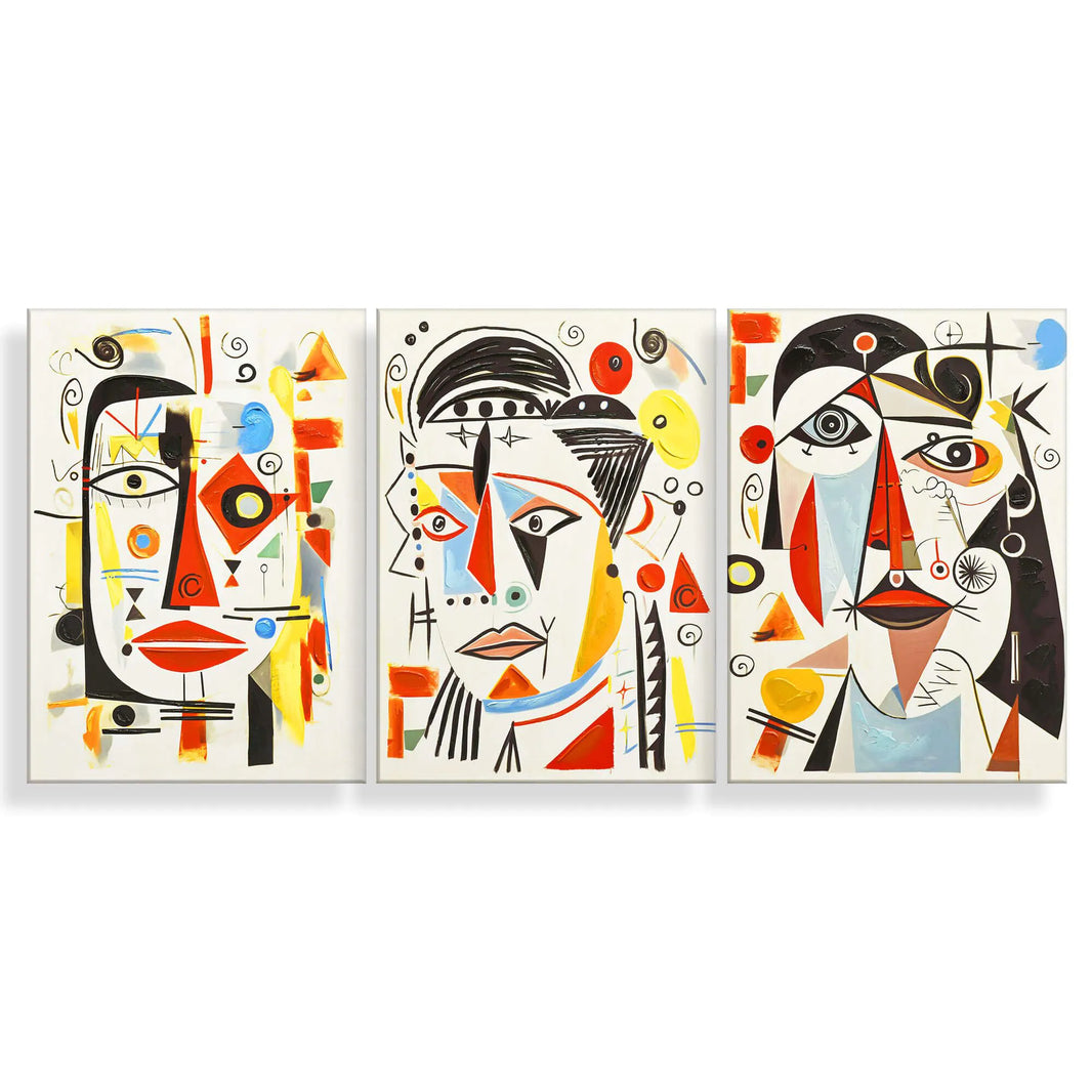 Hochwertiges 3-Teiliges Acrylbild 70x150cm, Figurative Kunst Nach Picasso, Made In Italy - Kunstwerke mit lebendigen Farben und abstrakten Gesichtern, die jeden Raum bereichern.