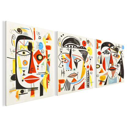 Hochwertiges 3-Teiliges Acrylbild 70x150cm, Figurative Kunst Nach Picasso, Made In Italy - Gesamtansicht des dreiteiligen Kunstwerks mit stilisierten Gesichtern.