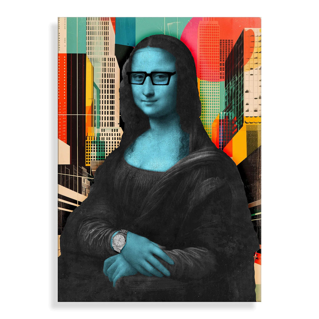 Modernes Acrylbild 'Mona Lisa In Der Stadt' auf glänzendem Methacrylat-Panel, das klassische und zeitgenössische Stile verbindet – perfekt für elegante Wohnräume.