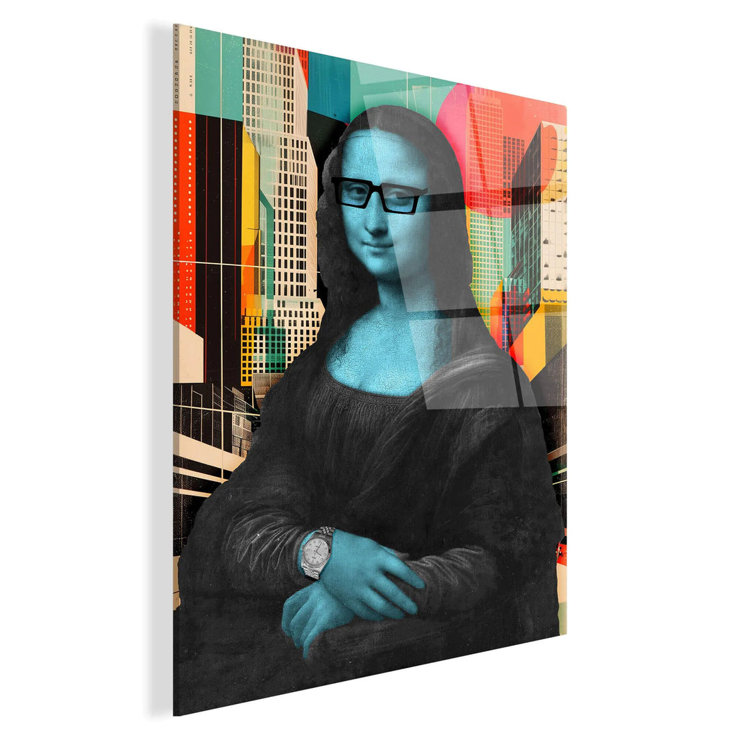 Quadratischer Druck des modernen Acrylbildes 'Mona Lisa In Der Stadt', das mit italienischer Handwerkskunst gefertigt wurde und jeden Raum künstlerisch bereichert.