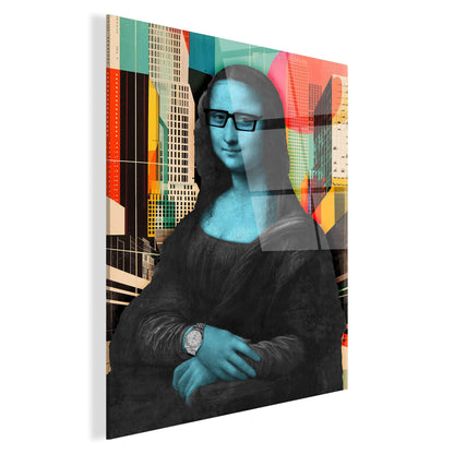 Quadratischer Druck des modernen Acrylbildes 'Mona Lisa In Der Stadt', das mit italienischer Handwerkskunst gefertigt wurde und jeden Raum künstlerisch bereichert.
