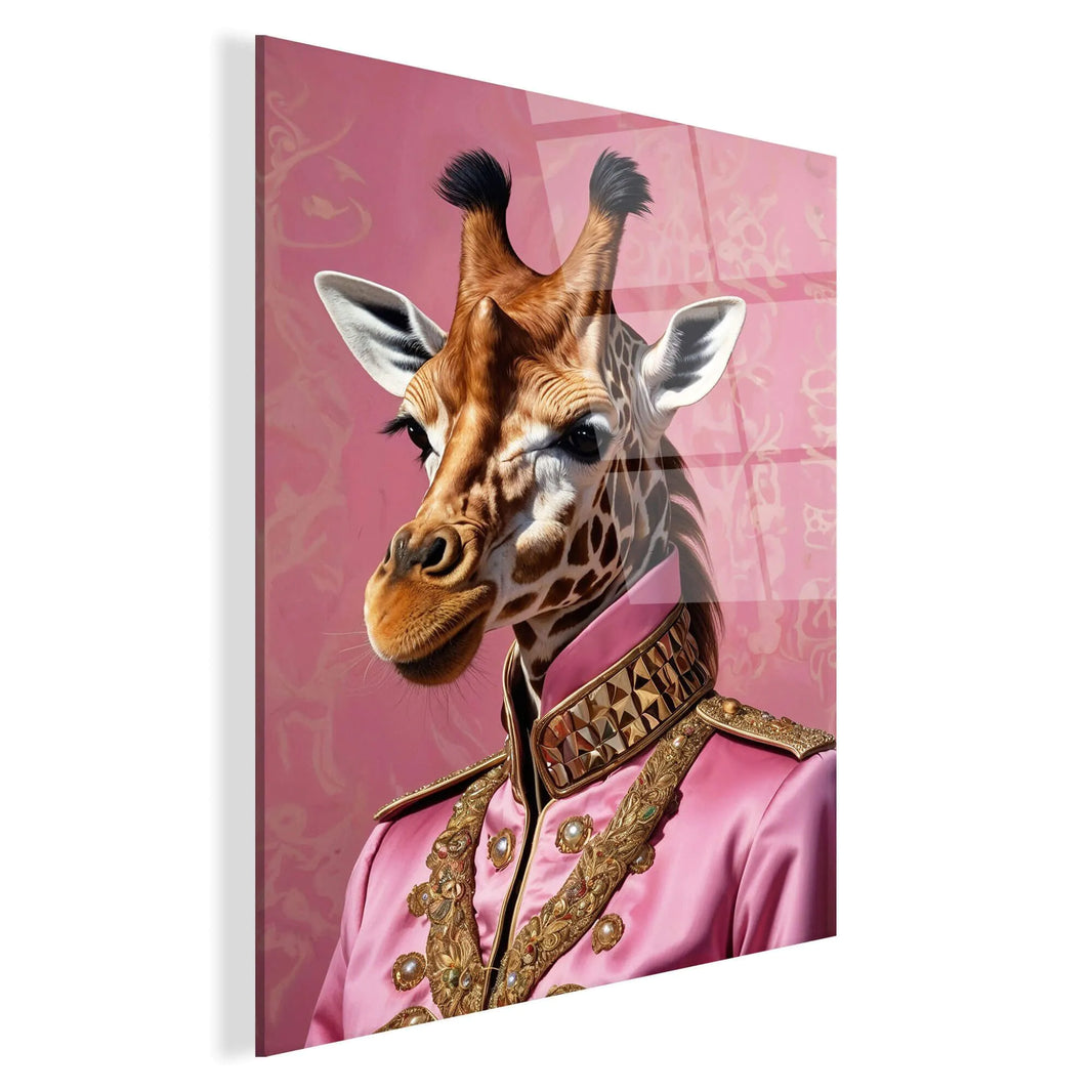 Entdecken Sie das Acrylbild Giraffe Im Modernen Stil – Imperial Pink Parade, ein hochwertiger Druck auf Methacrylat, der Ihrem Raum mit lebendigen rosa Farben und zeitgenössischem Design einen modernen Chic verleiht.