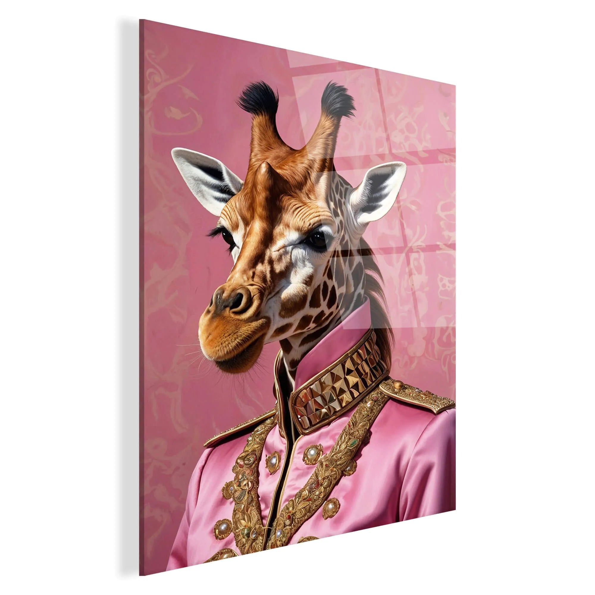 Entdecken Sie das Acrylbild Giraffe Im Modernen Stil – Imperial Pink Parade, ein hochwertiger Druck auf Methacrylat, der Ihrem Raum mit lebendigen rosa Farben und zeitgenössischem Design einen modernen Chic verleiht.