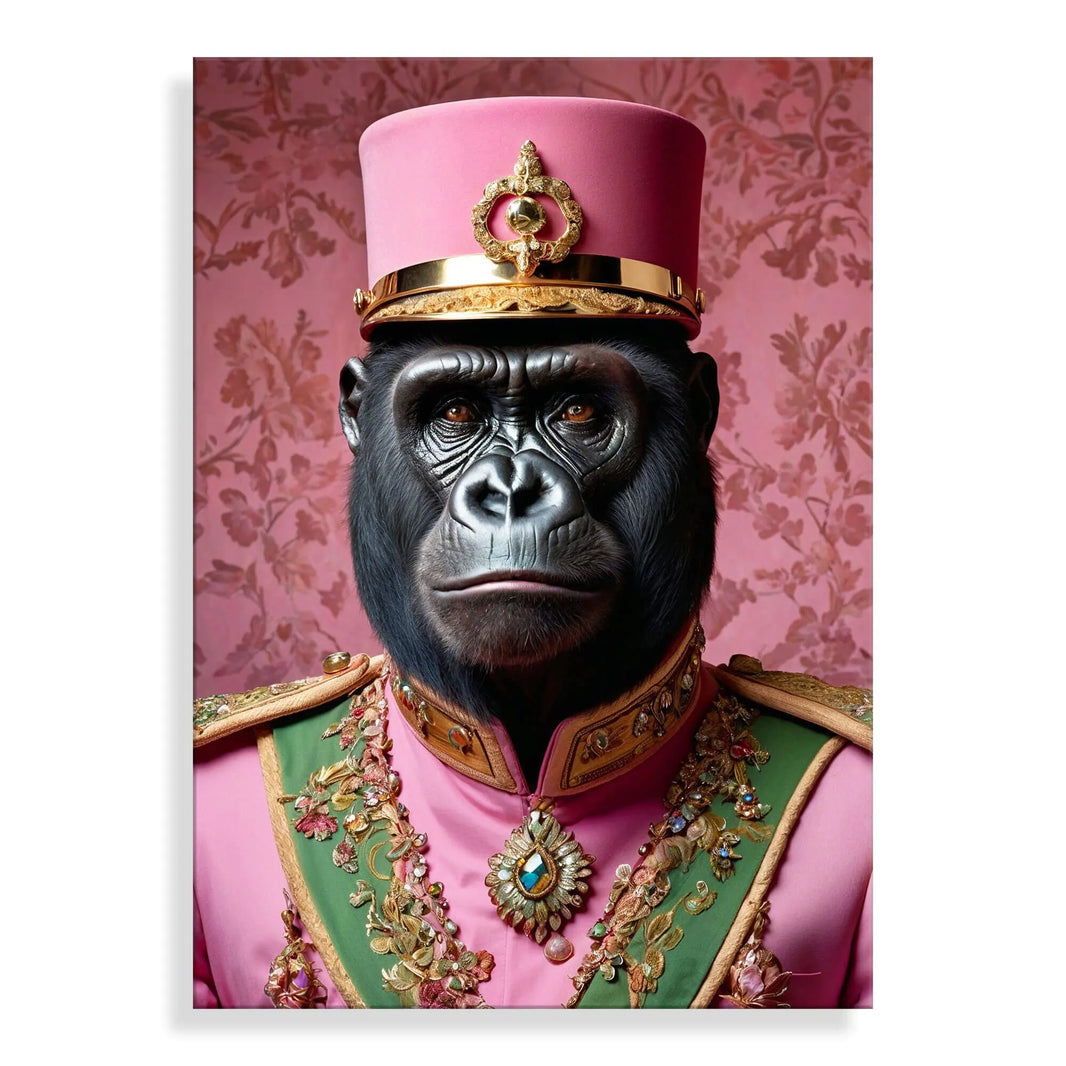 Gorilla Imperial Pink Parade – modernes Acrylbild auf Methacrylat mit poliertem Finish und faszinierendem 3D-Effekt, perfekt für die dekorative Gestaltung von Wohnräumen.