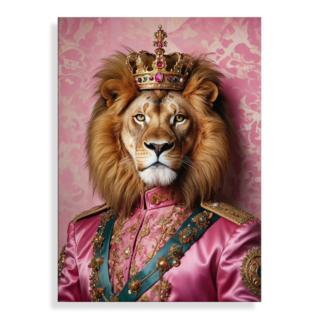 Acrylbild Löwe Imperial Pink Parade - Elegantes Kunstwerk mit poliertem Methacrylat in rosa, ideal für moderne Wohnräume.