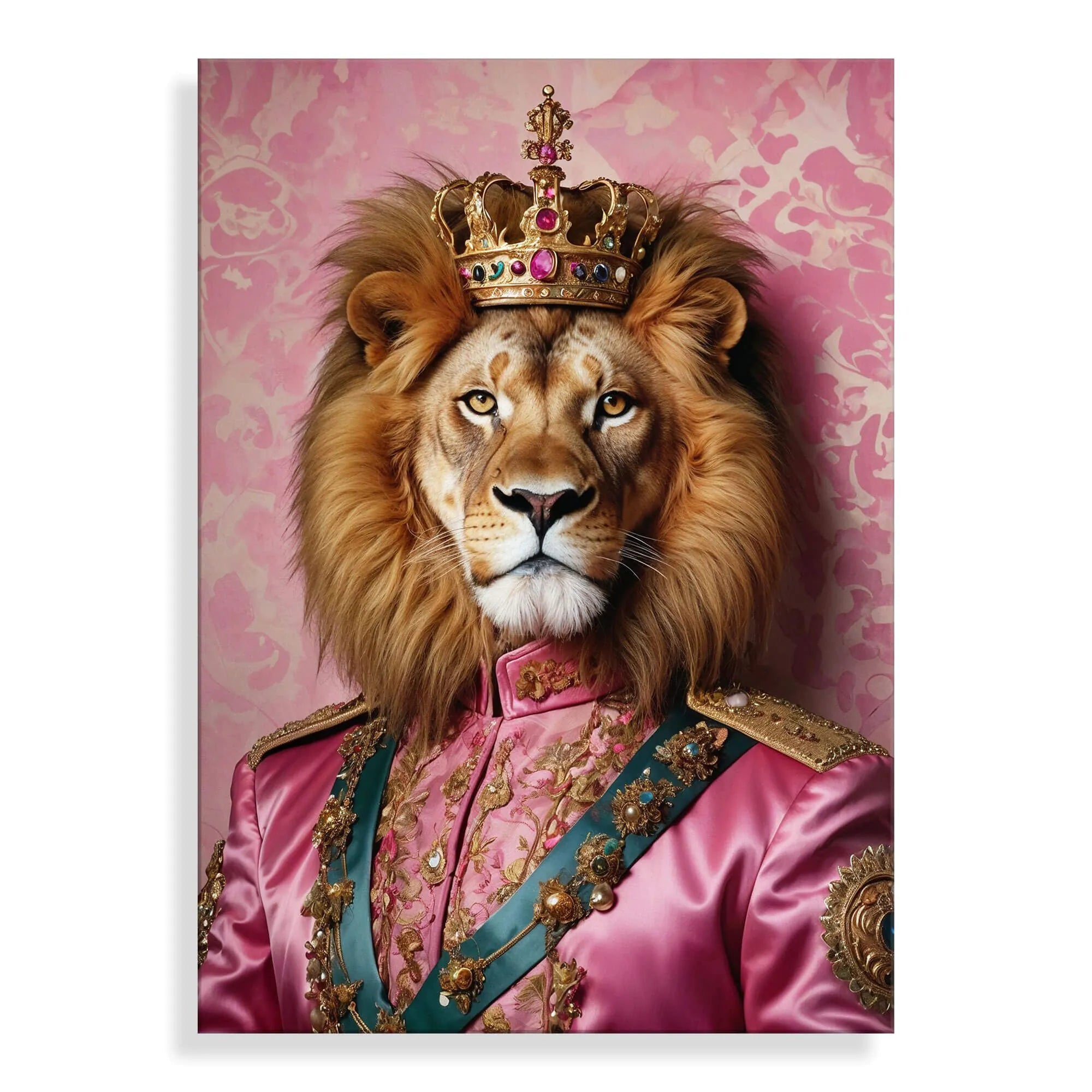 Acrylbild Löwe Imperial Pink Parade - Elegantes Kunstwerk mit poliertem Methacrylat in rosa, ideal für moderne Wohnräume.
