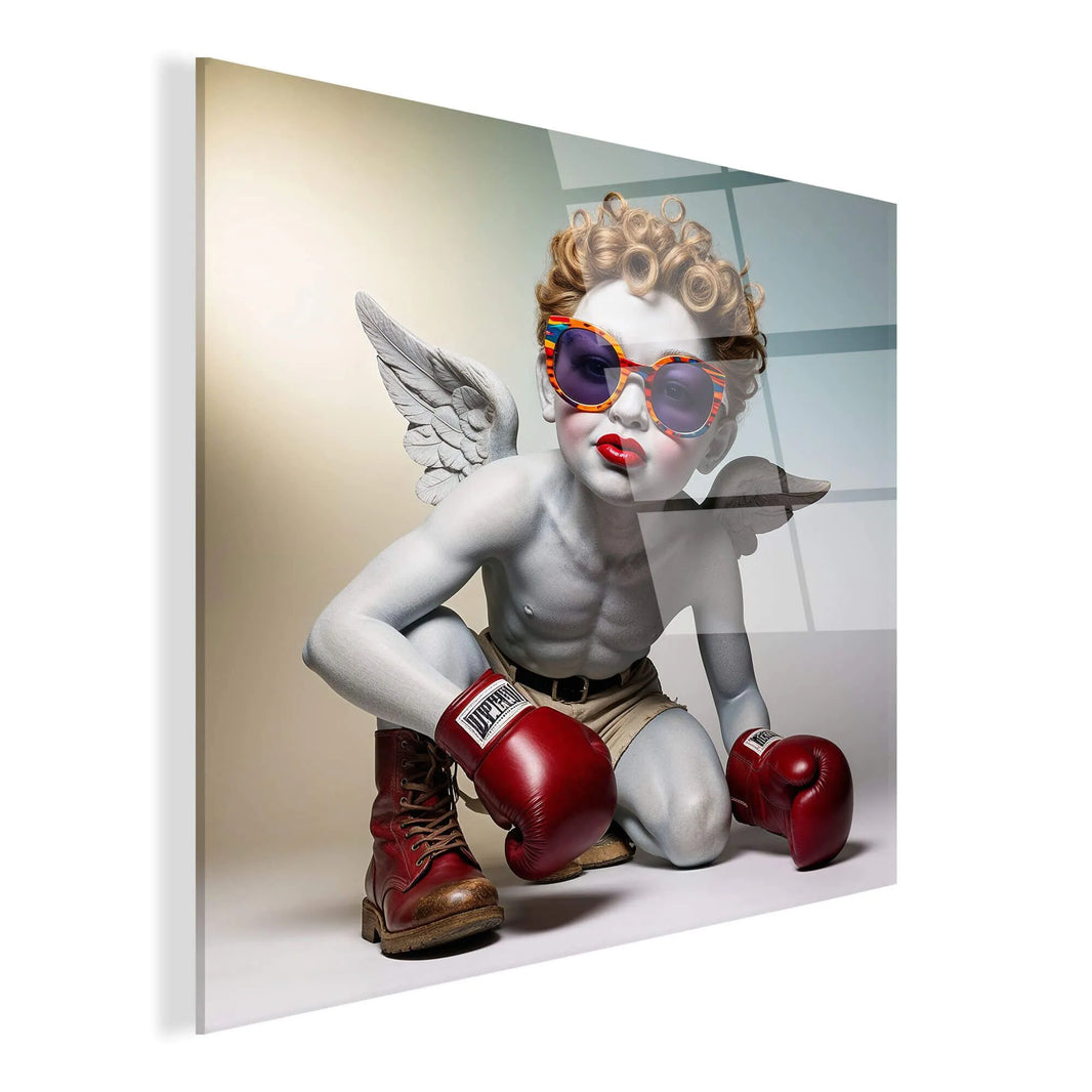 Detailansicht des Acrylbildes Putto Boxer von Paolo & Edgar, das die hochwertige Verarbeitung und das integrierte Befestigungssystem zeigt, perfekt für eine stilvolle Wandgestaltung.