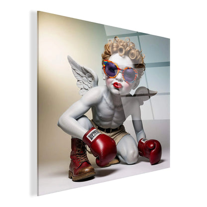 Detailansicht des Acrylbildes Putto Boxer von Paolo & Edgar, das die hochwertige Verarbeitung und das integrierte Befestigungssystem zeigt, perfekt für eine stilvolle Wandgestaltung.