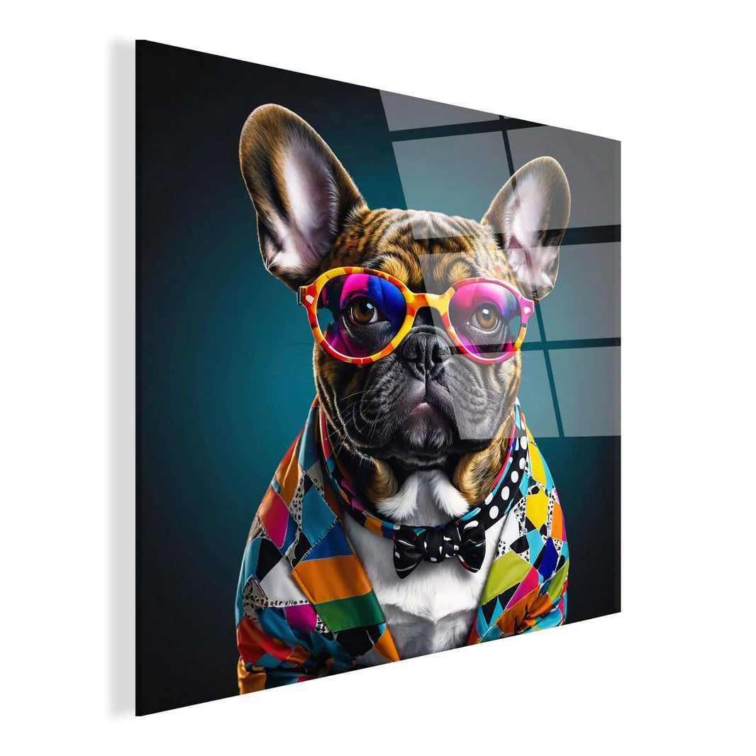 Detailansicht des Acrylbildes der Französischen Bulldogge, modernes Kunstwerk auf Methacrylat-Panel, perfektes Wohnaccessoire für stilbewusste Menschen.