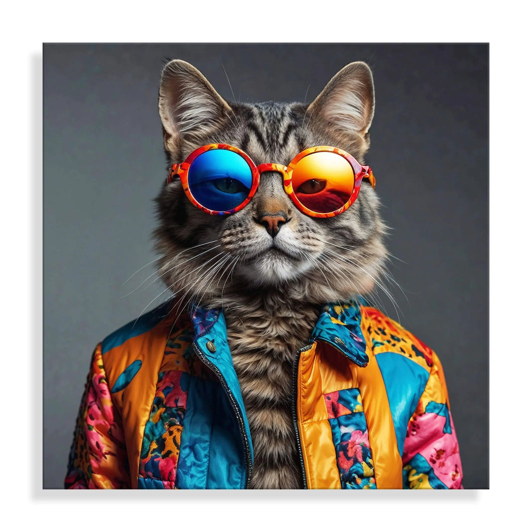 Moderne Acrylkunst Katze Trendy Parade – Detailansicht des mehrfarbigen Methacrylat-Panels mit poliertem Finish für stilvolle Raumdekoration.