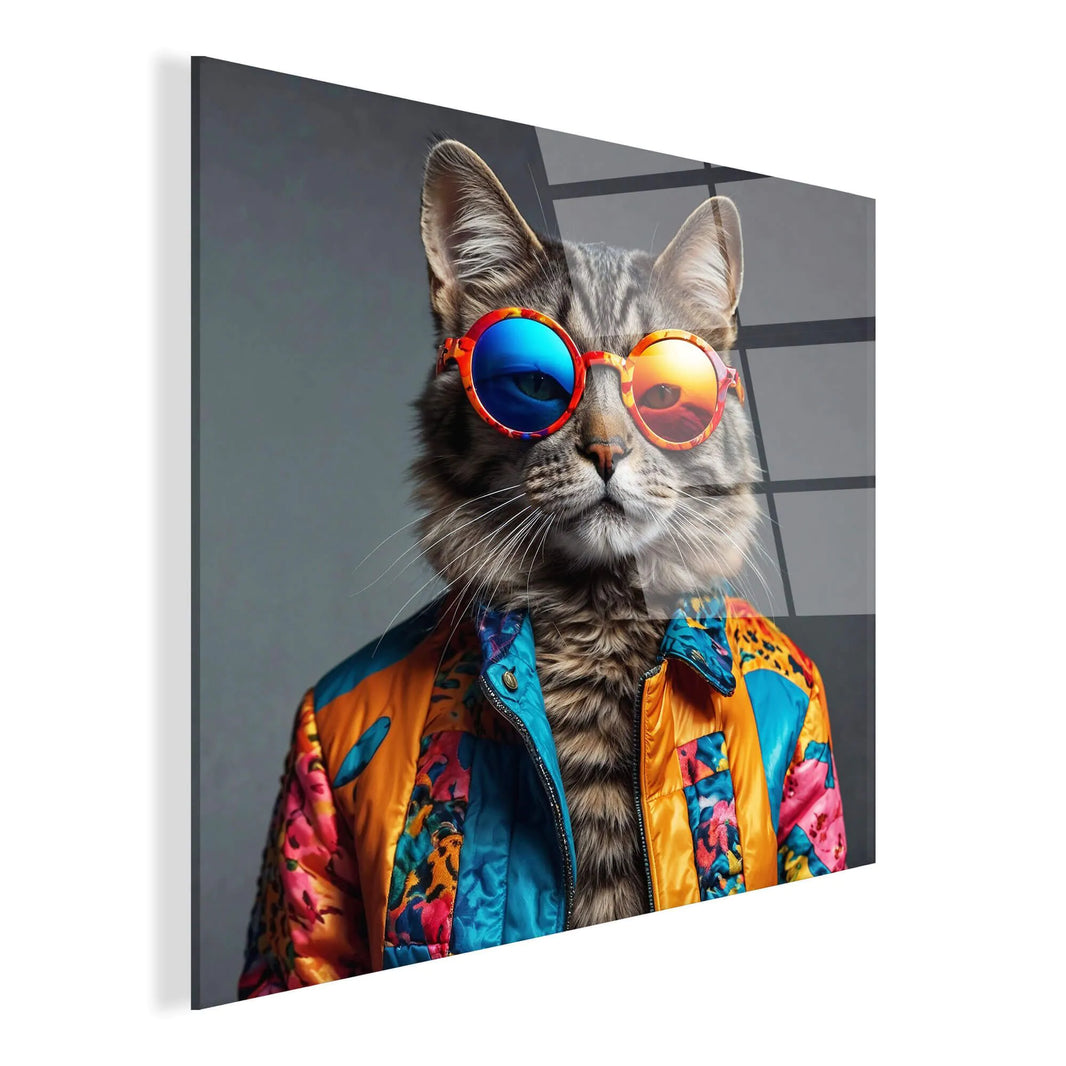 Moderne Acrylkunst Katze Trendy Parade – Präsentation des farbenfrohen Kunstwerks auf einer Wand, ideal für Kunstliebhaber und Katzenfreunde.