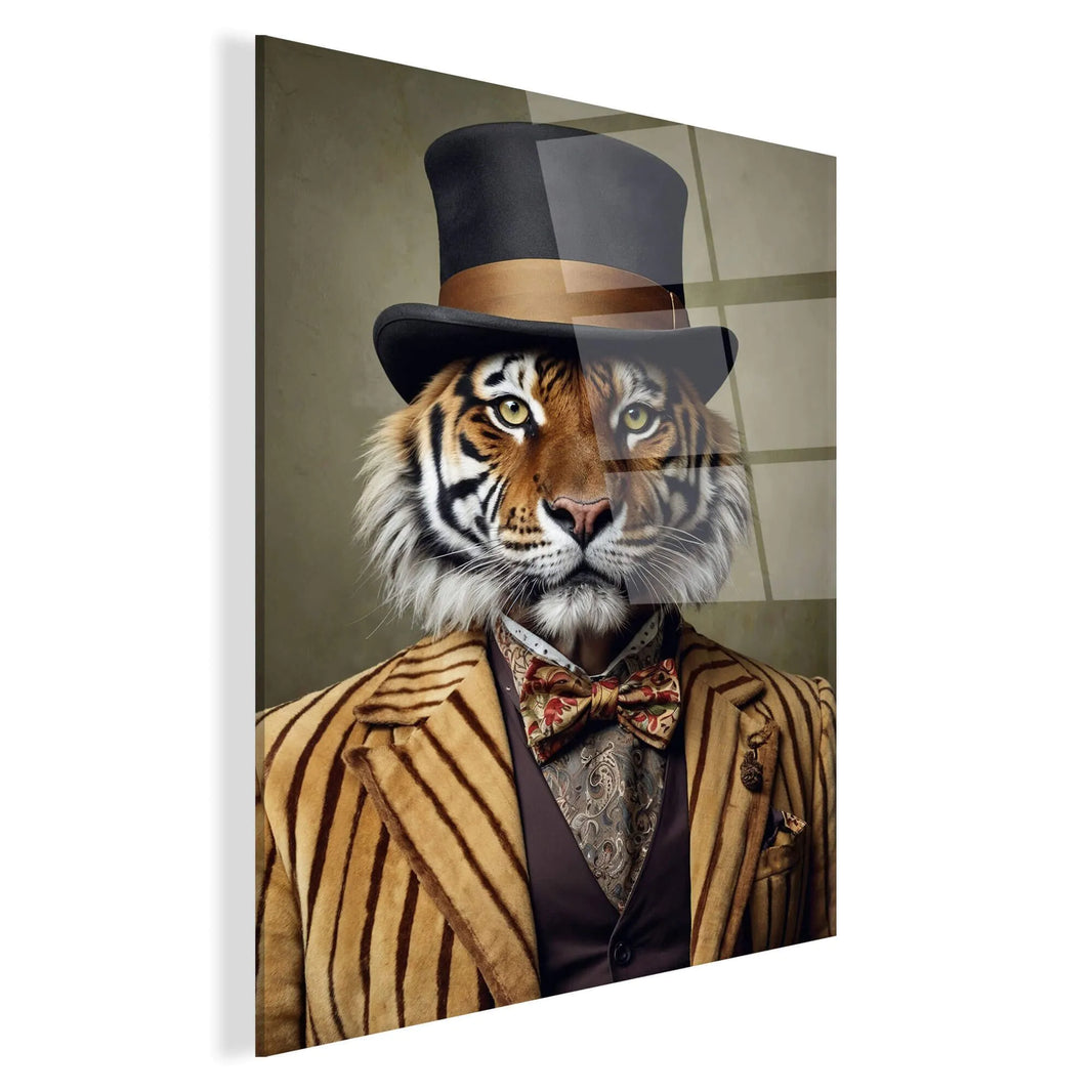 Detailansicht des Acrylbildes Tiger Noblesse Parade - Kunstwerk aus glänzendem Methacrylat mit lebendigen Farben und modernen Designelementen.