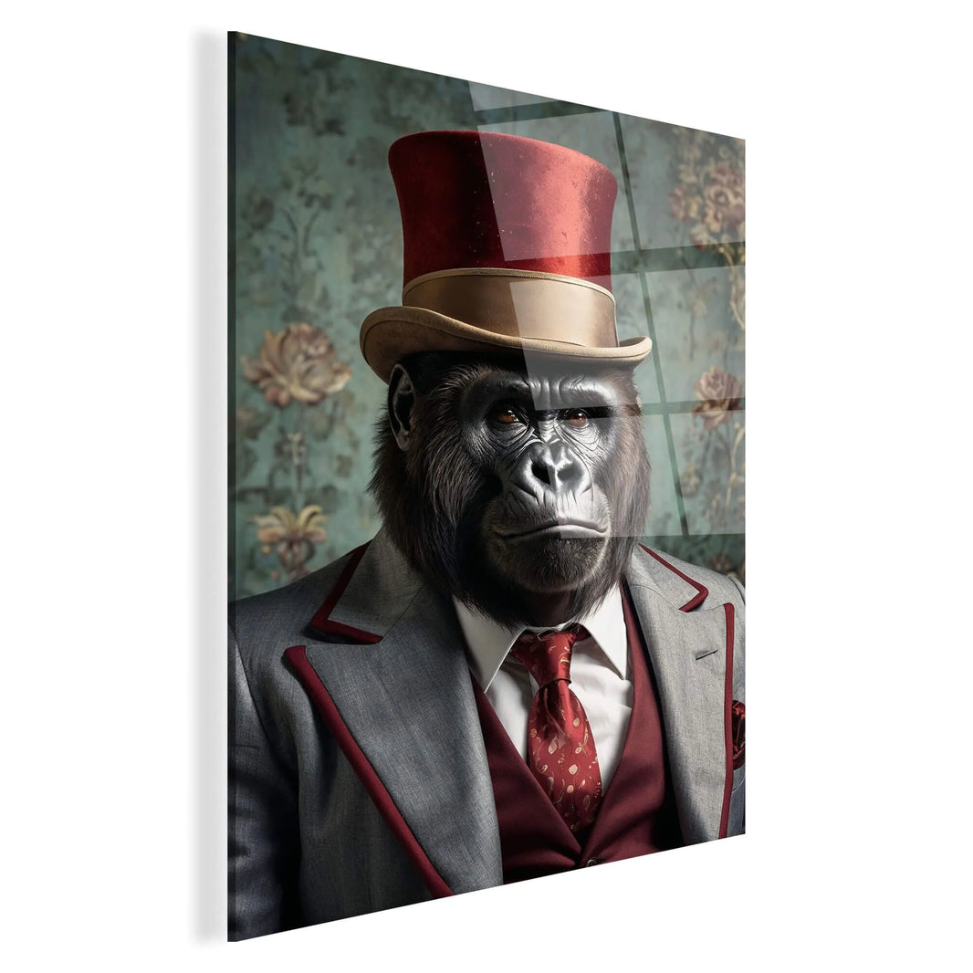 Detaillierte Ansicht des Acrylbildes 'Gorilla Noblesse Parade', hochwertig verarbeitet, bringt lebendige Farben in jedes Zimmer und setzt einen modernen Akzent.