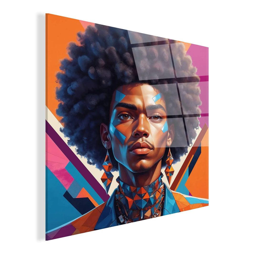 Kunstwerk Afrikanischer Punk Mann auf hochwertigem Methacrylat-Panel - modernes, mehrfarbiges Design, perfekt für die Inneneinrichtung, gefertigt in Italien.