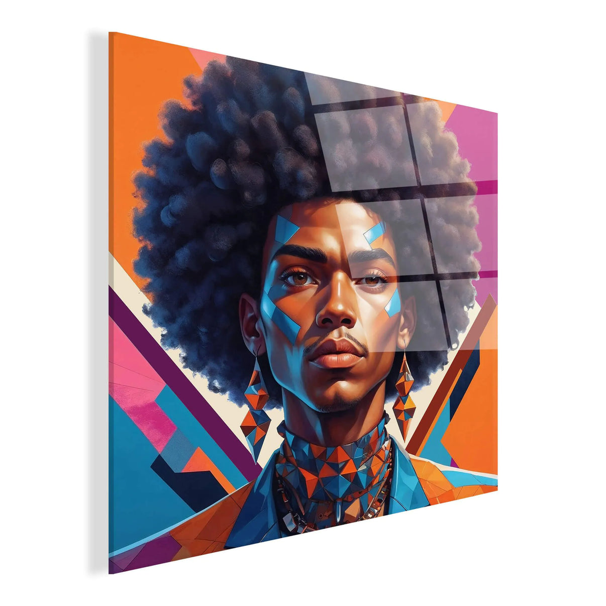 Kunstwerk Afrikanischer Punk Mann auf hochwertigem Methacrylat-Panel - modernes, mehrfarbiges Design, perfekt für die Inneneinrichtung, gefertigt in Italien.