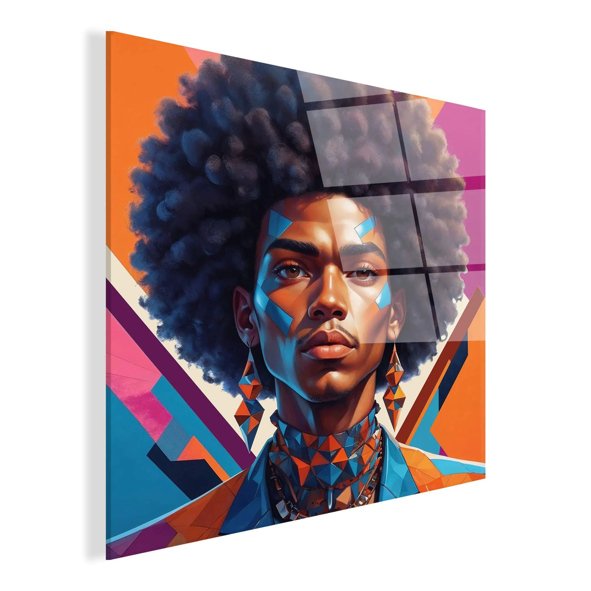 Kunstwerk Afrikanischer Punk Mann auf hochwertigem Methacrylat-Panel - modernes, mehrfarbiges Design, perfekt für die Inneneinrichtung, gefertigt in Italien.