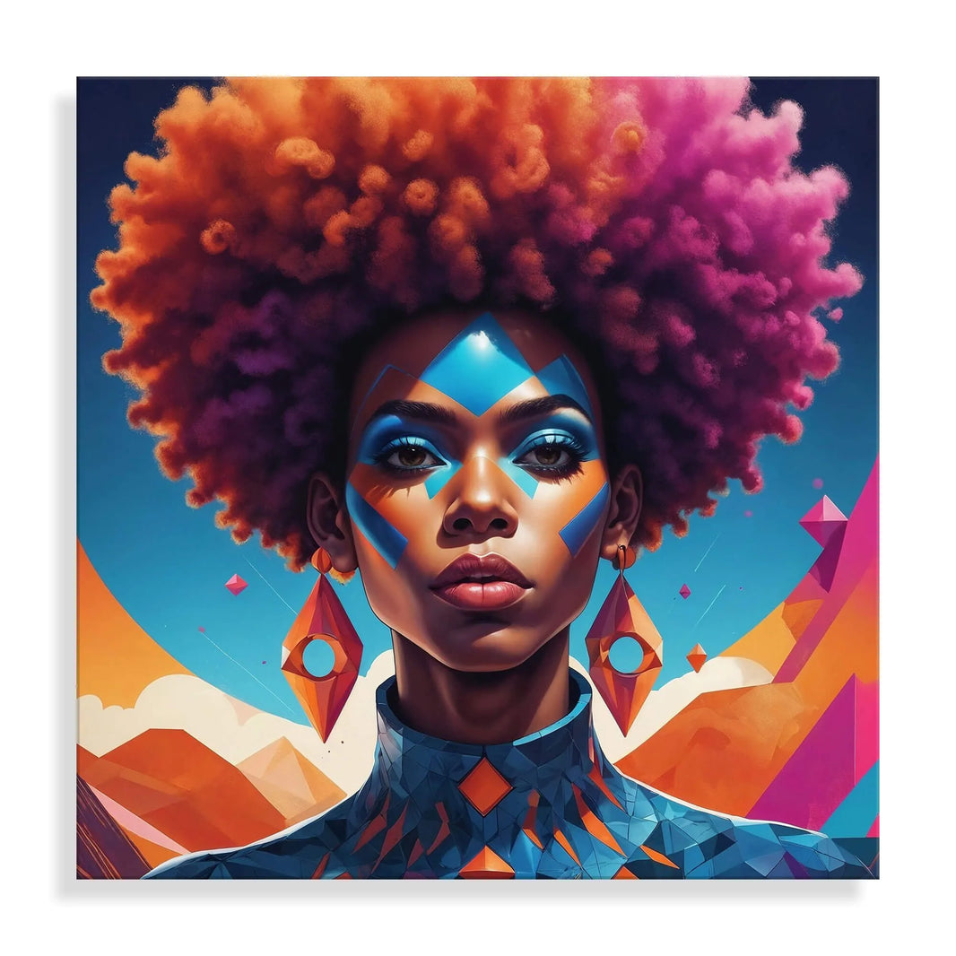 Buntes Acrylbild Afro Punk Frau Auf Hochglänzendem Methacrylat-Panel – Moderner Stil, Made In Italy in lebendigen Farben, das die Afro-Punk Kultur verkörpert und Ihrem Raum Ausdruckskraft und Eleganz verleiht.