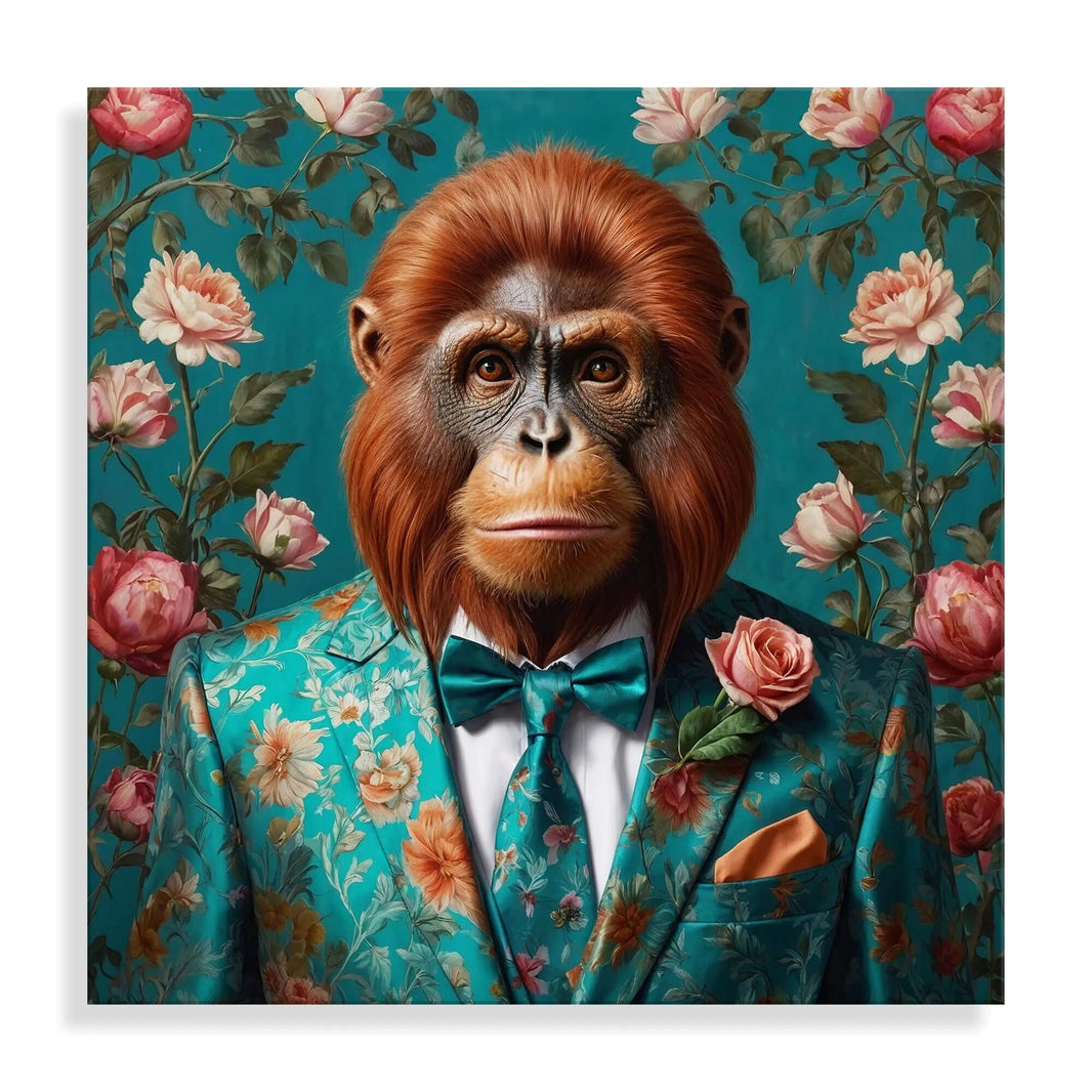 Acrylbild Orang-Utan Blumenparade – modernes Kunstwerk auf poliertem Methacrylatpanel, das lebendige Farben und die Schönheit der Natur zeigt.