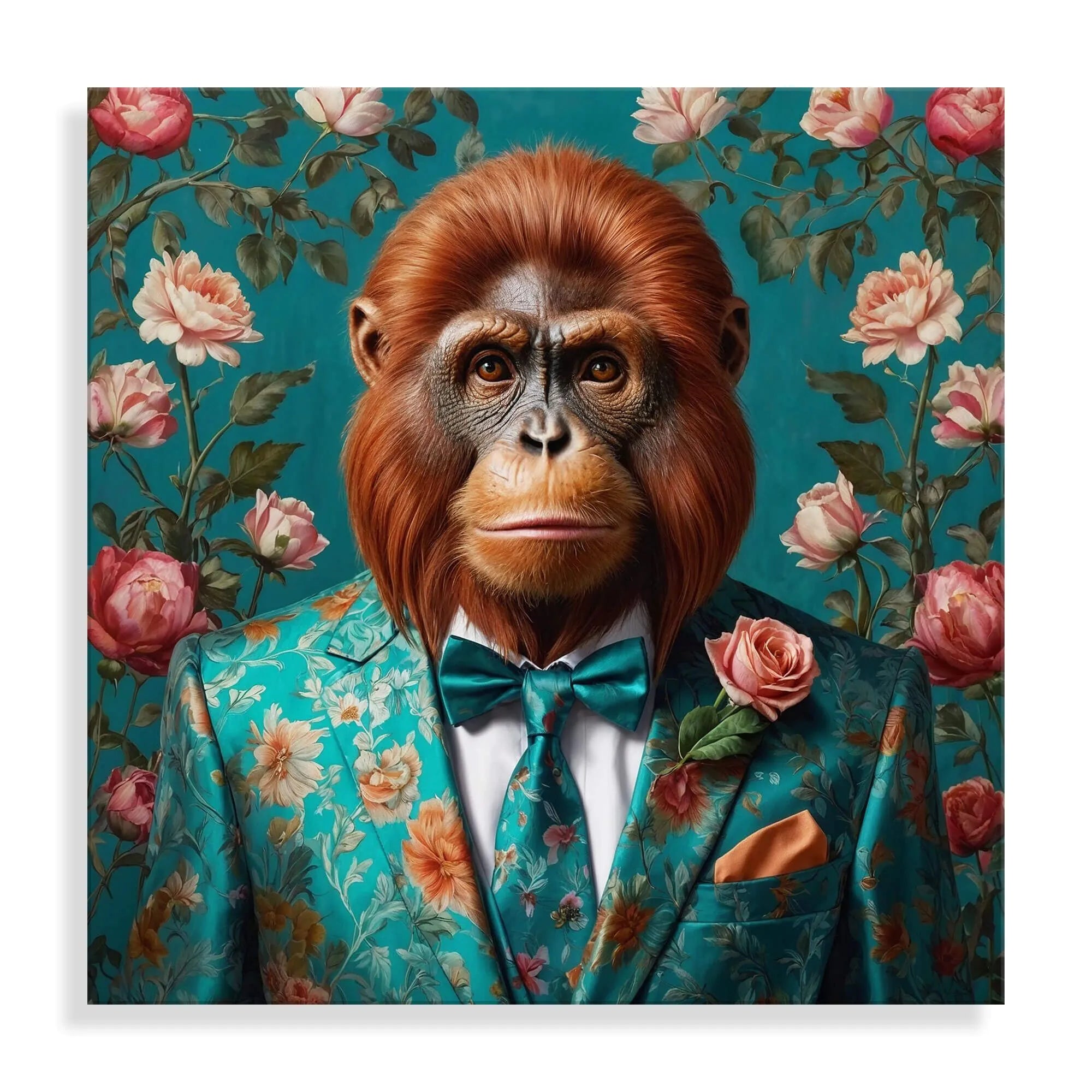 Acrylbild Orang-Utan Blumenparade – modernes Kunstwerk auf poliertem Methacrylatpanel, das lebendige Farben und die Schönheit der Natur zeigt.