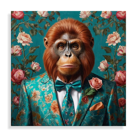 Acrylbild Orang-Utan Blumenparade – modernes Kunstwerk auf poliertem Methacrylatpanel, das lebendige Farben und die Schönheit der Natur zeigt.