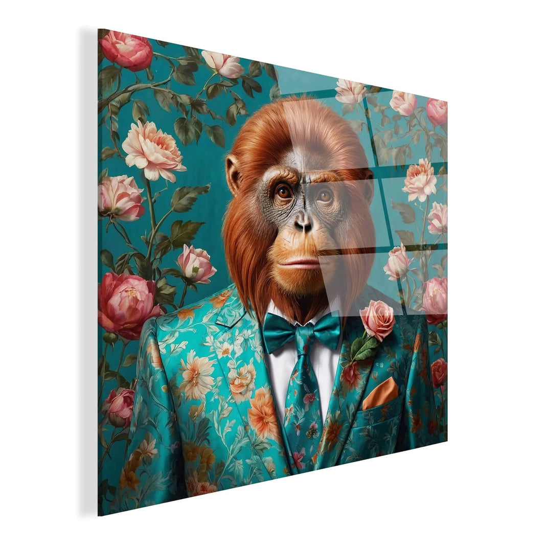 Detailansicht des Acrylbildes Orang-Utan Blumenparade mit strahlenden Farben und einem inspirierenden Motiv, das Kunst und Naturschutz kombiniert.