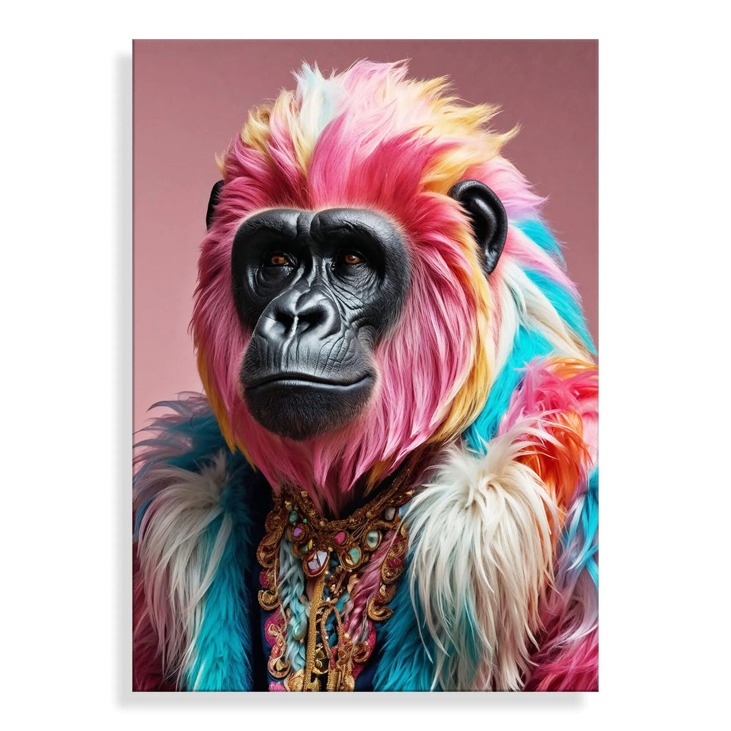 Acrylbild Gorilla Peace & Joy Parade - Modernes Kunstwerk, das einen stylischen Gorilla in lebhaftem rosa Farbton darstellt, symbolisiert Frieden und Freude und ist ideal für jedes moderne Zuhause.