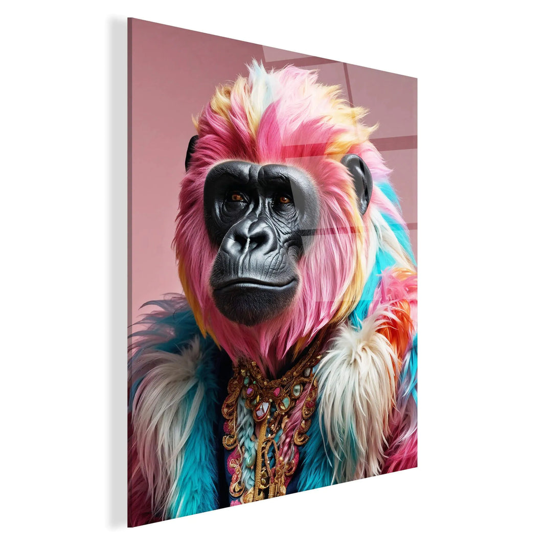 Nahaufnahme des Acrylbildes Gorilla Peace & Joy Parade, hochwertiger Quadrodruck auf glänzendem Methacrylat, der die Fröhlichkeit und Lebensfreude des Kunstwerks hervorhebt.