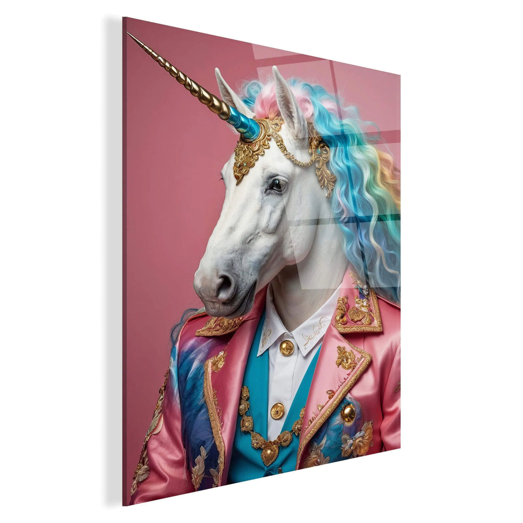 Detailansicht des Einhorn Acrylbildes Peace & Joy Parade, zeigt festliche Parade-Motive für kreative Räume, hergestellt in Italien.