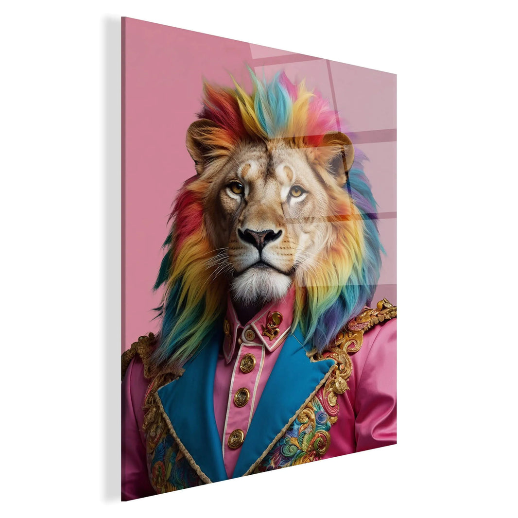 Acrylbild Löwe Peace & Joy Parade – Detailaufnahme des künstlerischen Designs mit harmonischen Farben, perfekt für Kunstliebhaber und moderne Inneneinrichtungen.
