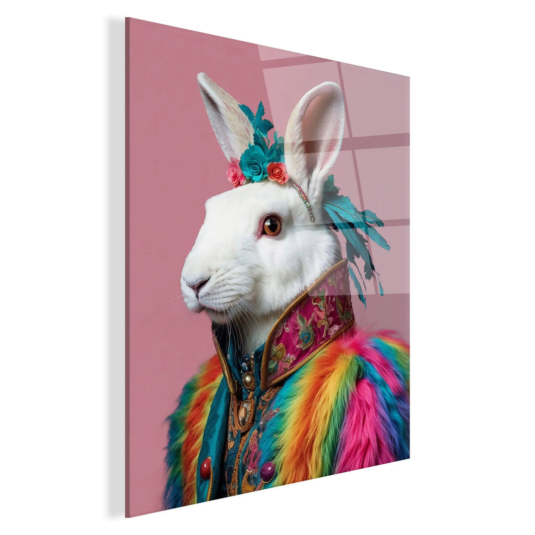 Detailaufnahme des Acrylbildes Kaninchen Peace & Joy Parade, das fröhliche Farben und ein charmantes Tiermotiv zeigt, perfekt für Kunstliebhaber.
