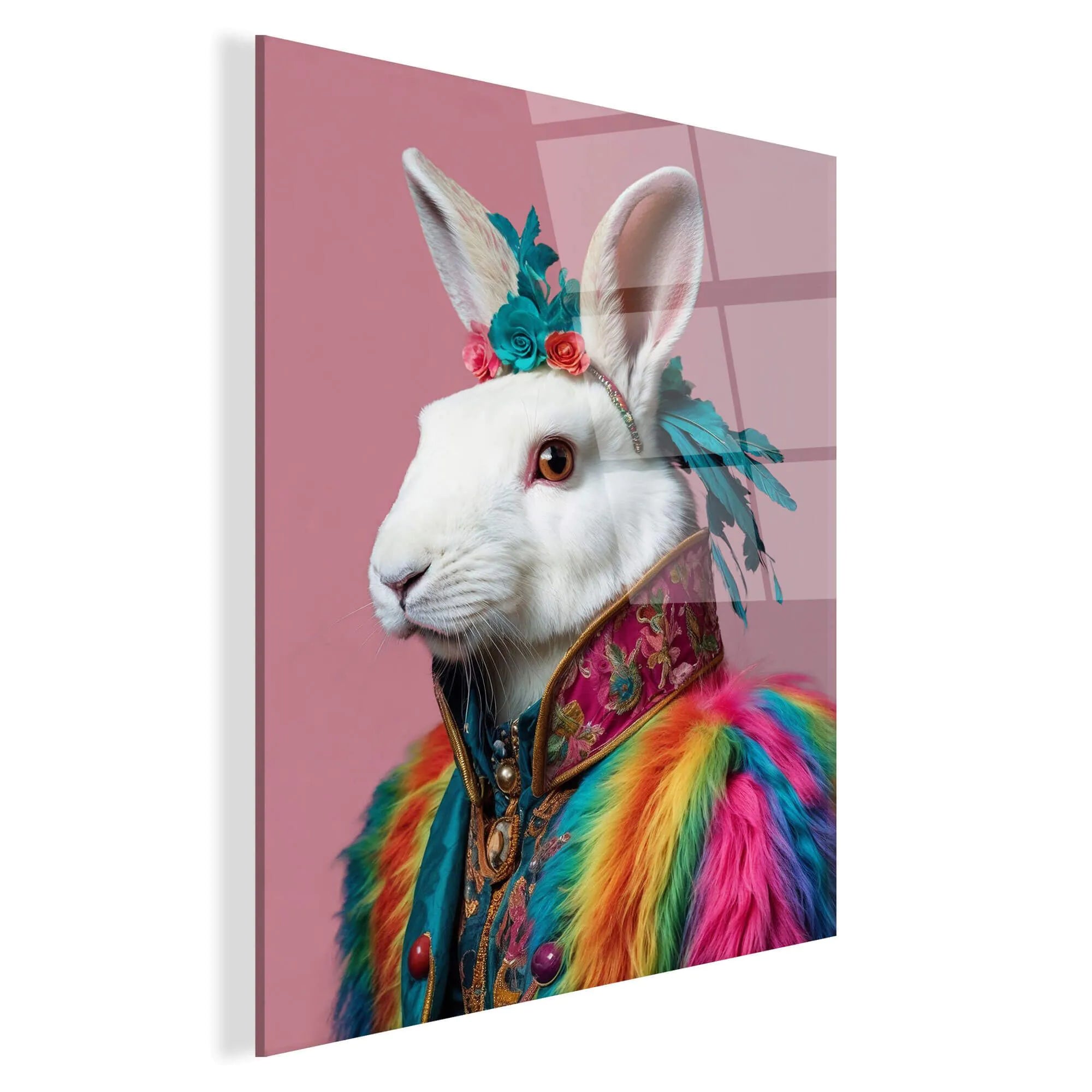 Detailaufnahme des Acrylbildes Kaninchen Peace & Joy Parade, das fröhliche Farben und ein charmantes Tiermotiv zeigt, perfekt für Kunstliebhaber.