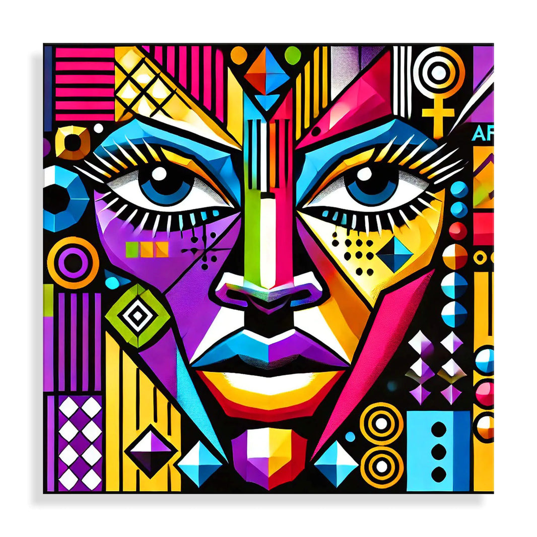 Geometrisches Gesicht Acrylbild auf Methacrylat-Panel in modernen, polierten Designs mit lebendigen Farben - das perfekte Kunstwerk für jedes stilvolle Zuhause.
