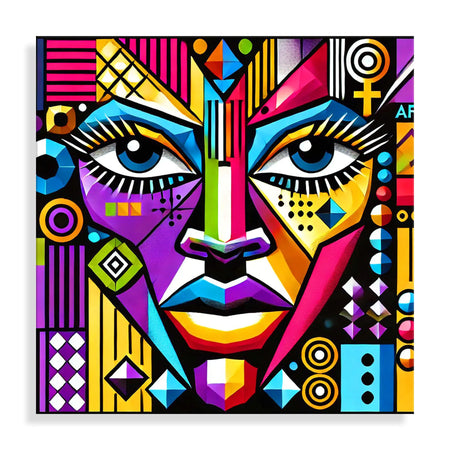 Geometrisches Gesicht Acrylbild auf Methacrylat-Panel in modernen, polierten Designs mit lebendigen Farben - das perfekte Kunstwerk für jedes stilvolle Zuhause.