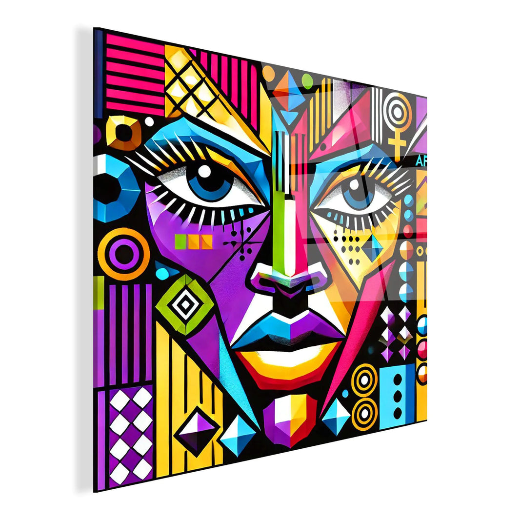 Detailansicht des geometrischen Gesicht Acrylbildes auf Methacrylat-Panel, das zeitgenössisches Design und beeindruckende Farbintensität kombiniert.