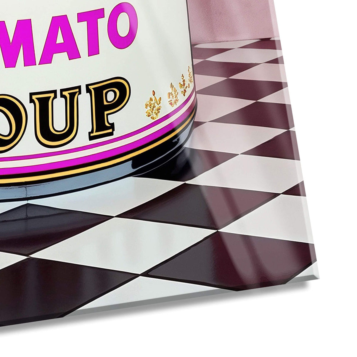 Künstlerische Präsentation der Acrylbild Rosa Suppendose auf einem eleganten Hintergrund, betont die hohe Qualität und Originalität der italienischen Handwerkskunst.