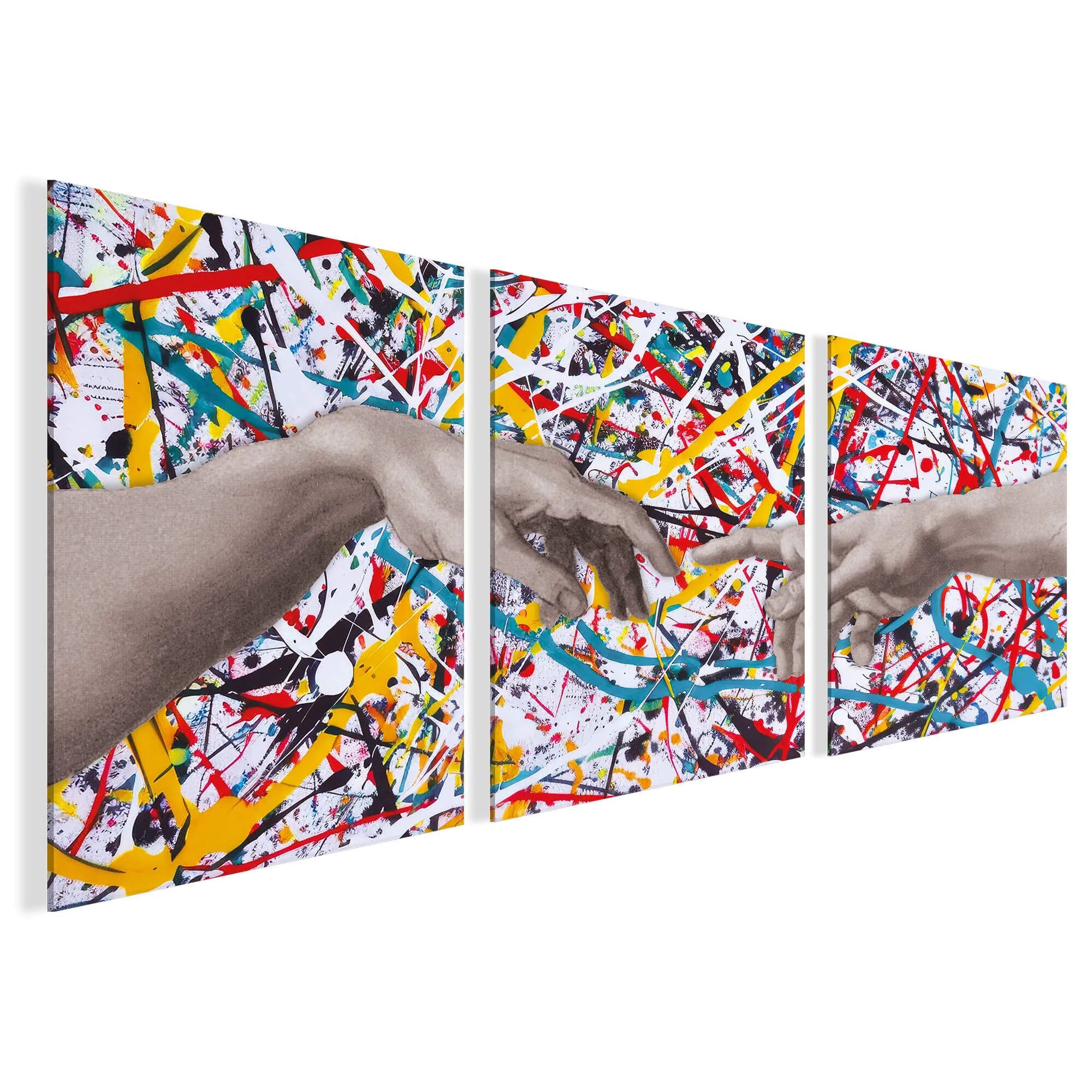 Modernes Acrylgemälde „Die Schöpfung“ 70x150 cm – Gesamtansicht des dreiteiligen Kunstwerks mit einem effizienten Spiel aus kreativen Farb-Spritzern und den Händen im ikonischen Stil.