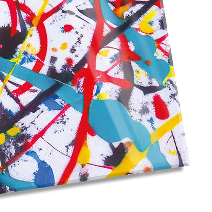 Modernes Acrylgemälde „Die Schöpfung“ 70x150 cm – Detailansicht des farbenfrohen Methacrylat-Designs, das lebendige Farben und dynamische Strukturen zeigt.