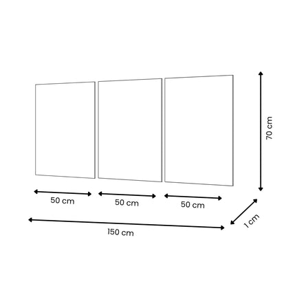 Modernes Acrylgemälde „Die Schöpfung“ 70x150 cm – Technische Zeichnung der Abmessungen mit klaren Maßen und Layout des dreiteiligen Panels.