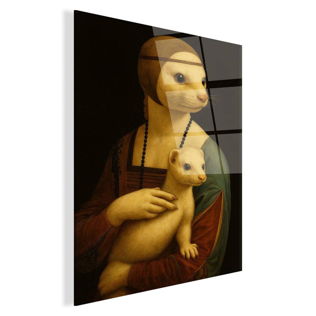 Detailaufnahme des Acrylgemäldes Ermellina mit Hermelin, zeigt außergewöhnliche Kunstfertigkeit und Lebendigkeit der Farben, ideal für Kunstliebhaber.