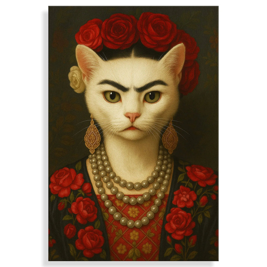 Acrylgemälde Frida Miau in 100 x 70 cm, ein einzigartiges Kunstwerk mit brillanten Farben und modernem Design.