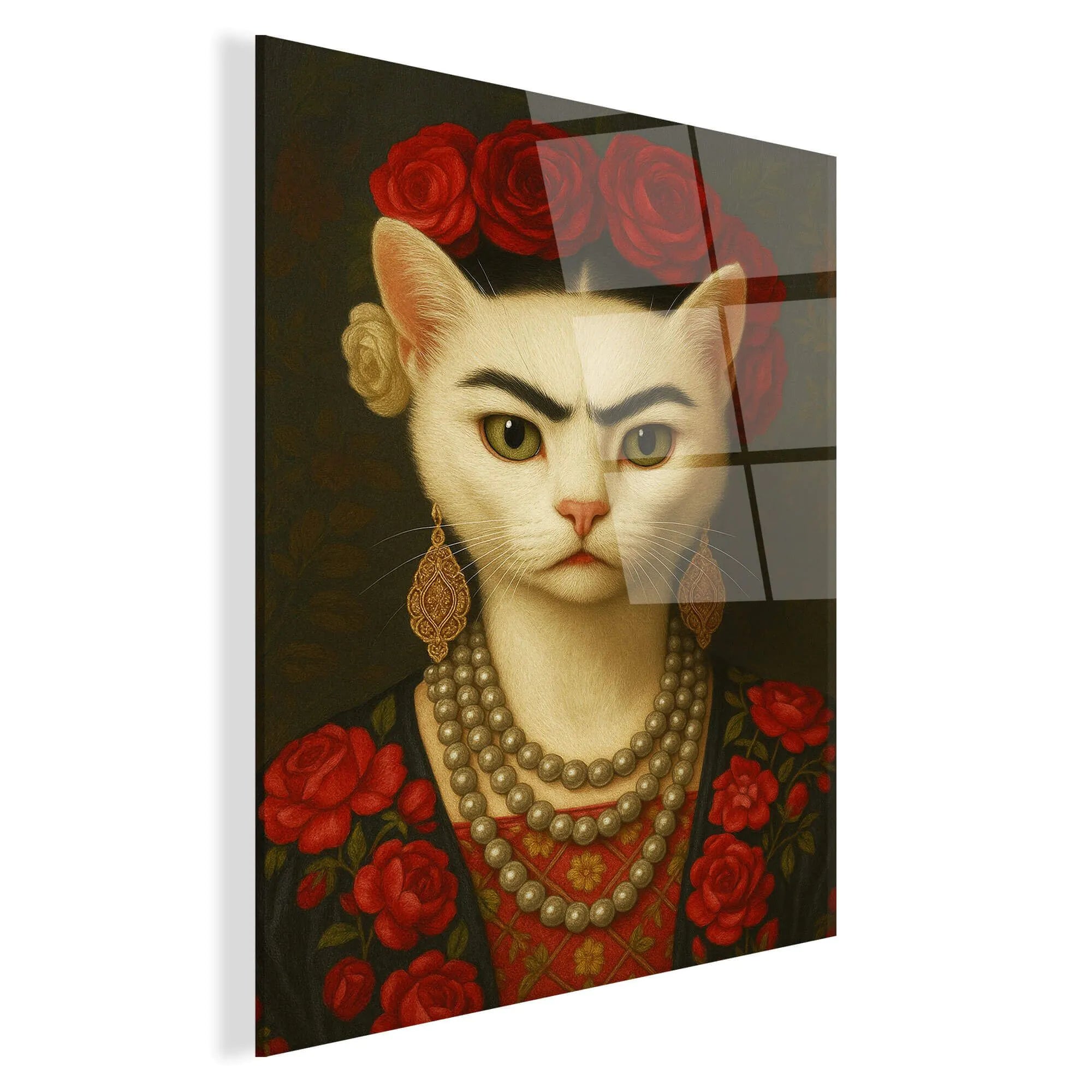 Das Acrylgemälde Frida Miau mit integriertem Befestigungssystem für eine einfache Montage an der Wand.