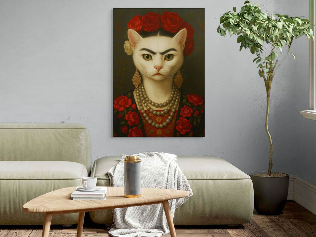 Detailaufnahme des Acrylgemäldes Frida Miau, das die verspielte Hommage an Frida Kahlo zeigt.